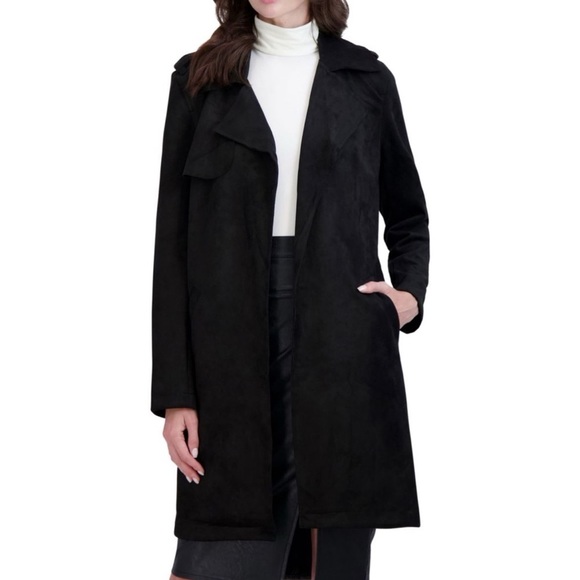 Women's Faux Suede Black 
Trench Coat - Picture 3 of 3
